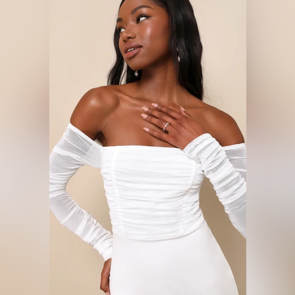 Elegant Eternity White Mesh Ruched Off-the-Shoulder Mini Dress